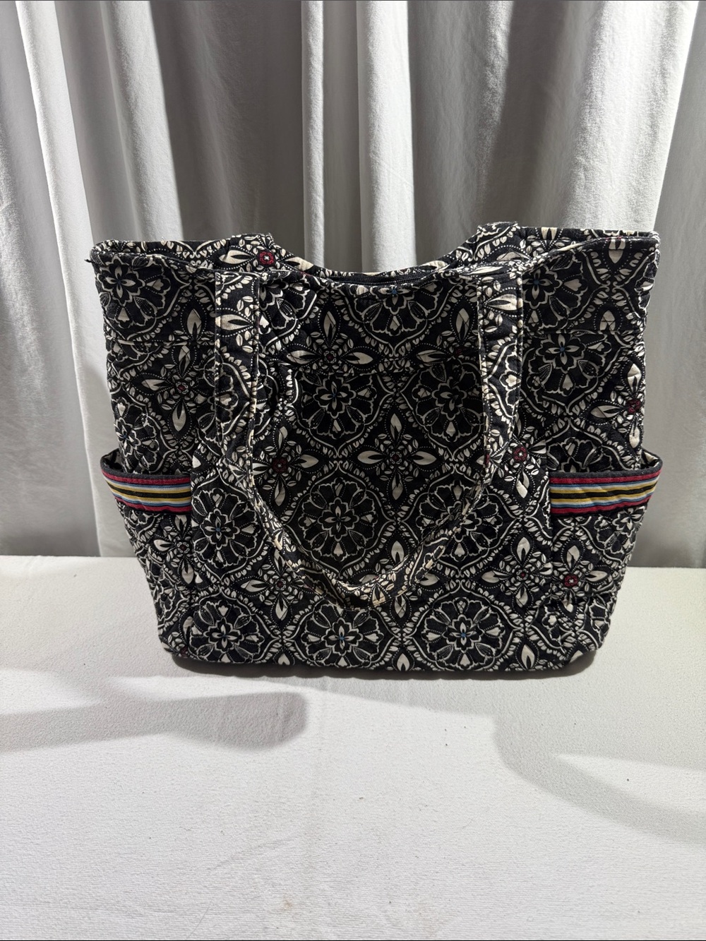 Vera Bradley Quilted Black & White Floral Tote Bag with Multicolor Accent